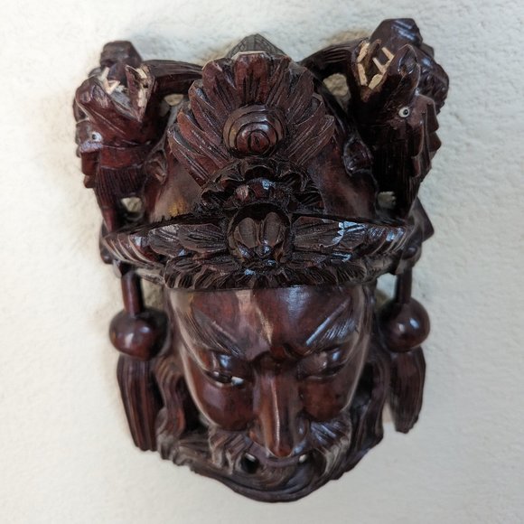 Vintage Asian Chinese Emperor & Dragons Hand Carved Rose Wood Mask (10.5") - Picture 2 of 5